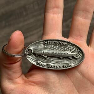Vintage International Symposium on Sturgeon Fishing Fish Heavy Silver Keychain